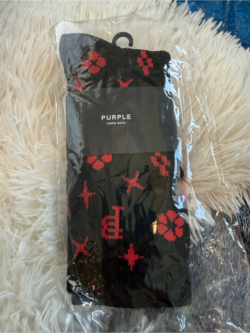 *NEW*OS*Purple* Crew Socks - Black with Red Pattern